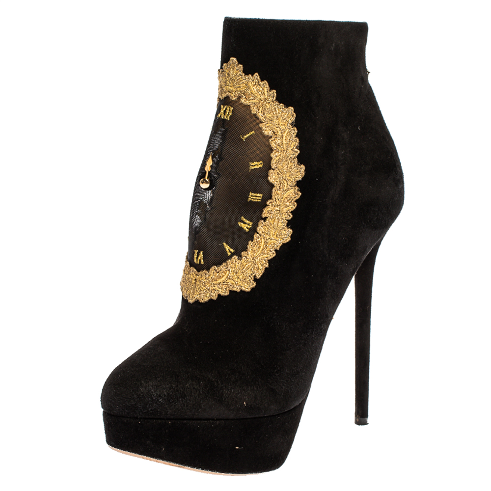 Image of Charlotte Olympia Black Suede On Time Platform Ankle Boots Size