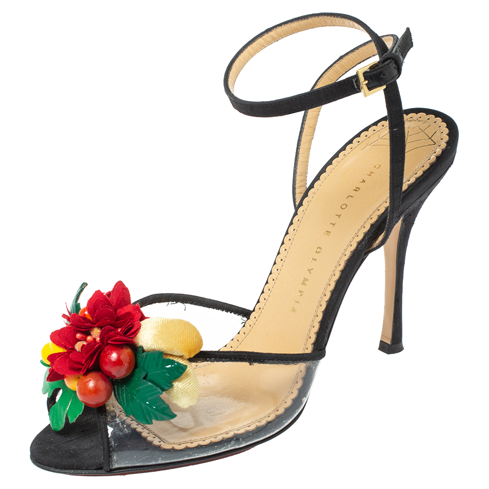 Image of Charlotte Olympia Black Canvas Trims And PVC Tropicana Ankle Strap Sandals Size
