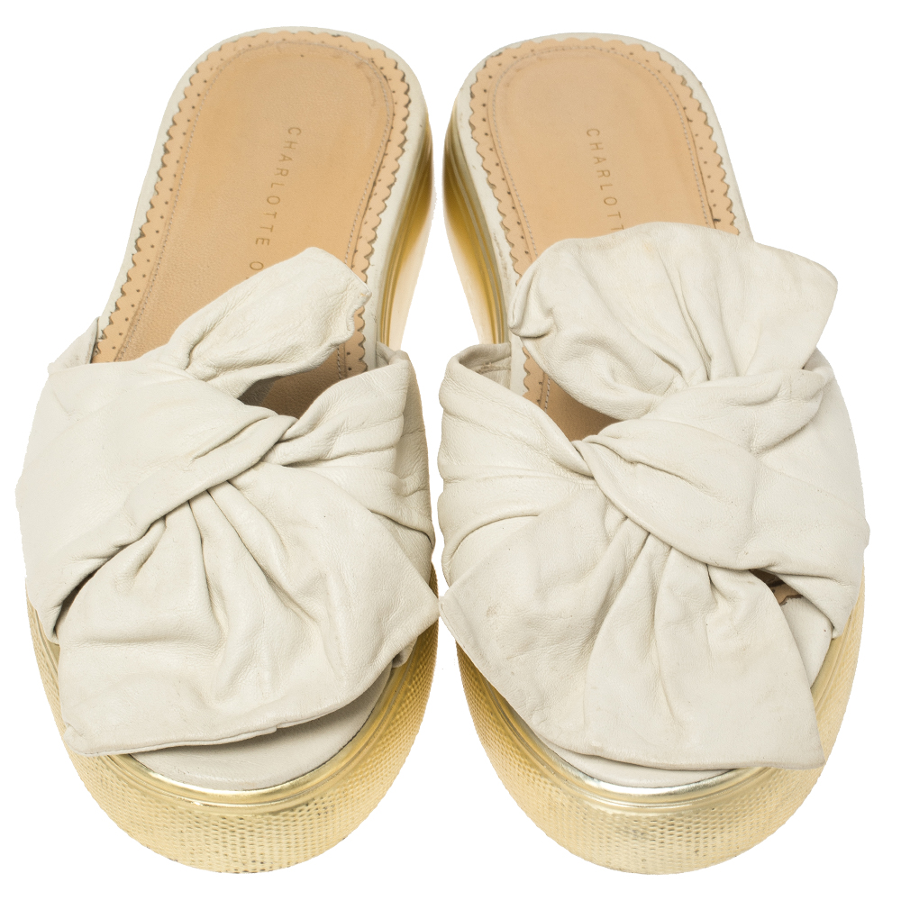 Charlotte Olympia White Leather Knotted Bow Slides Size 36