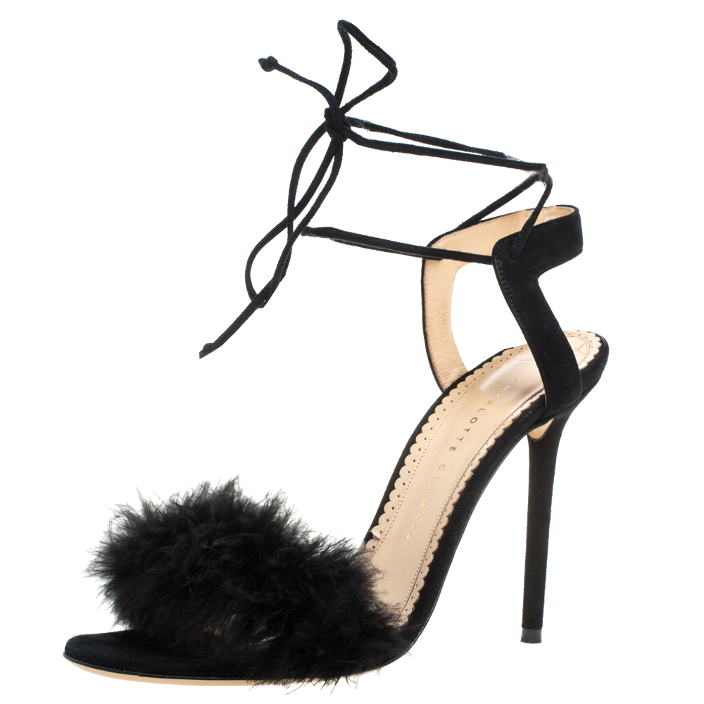 Image of Charlotte Olympia Black Suede And Feather Embellished Salsa Sandals Size