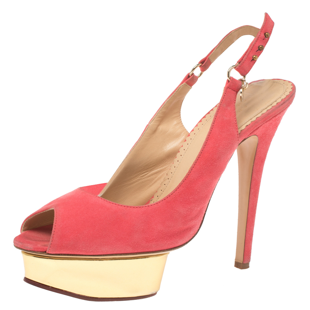 Charlotte Olympia Pink Suede Slingback Peep Toe Platform Sandals Size 37.5