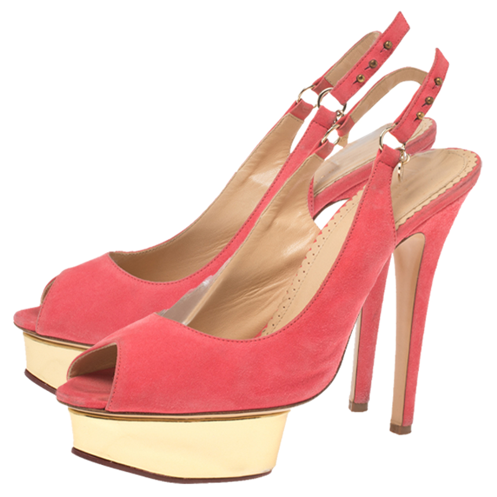 Charlotte Olympia Pink Suede Slingback Peep Toe Platform Sandals Size 37.5