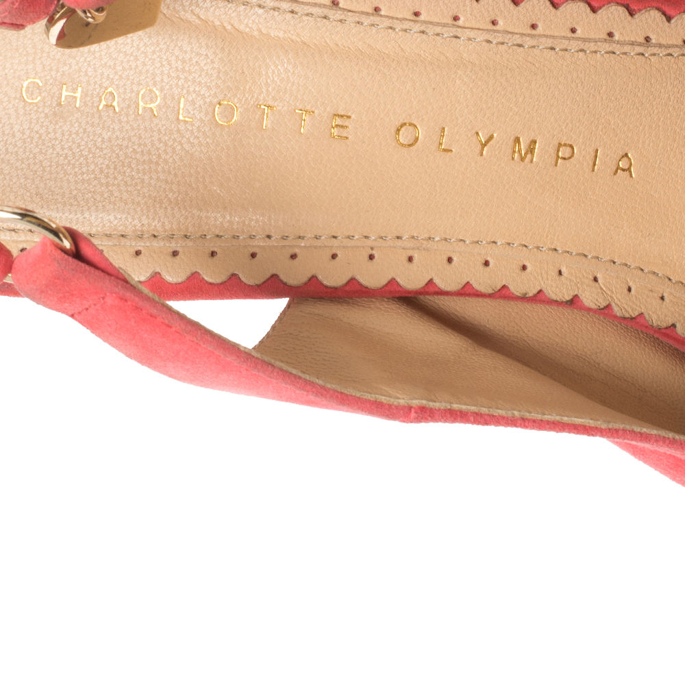 Charlotte Olympia Pink Suede Slingback Peep Toe Platform Sandals Size 37.5