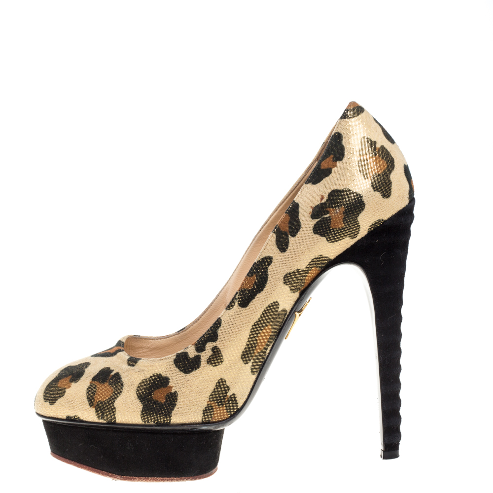 Charlotte Olympia Yellow Glitter Suede Leopard Print Platform Pumps Size 39