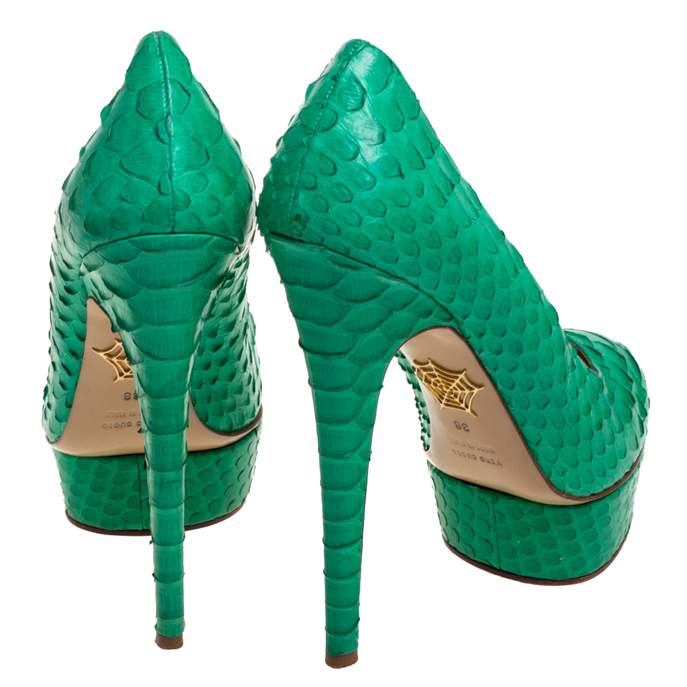Charlotte Olympia Green Python Leather Priscilla Pumps Size 38