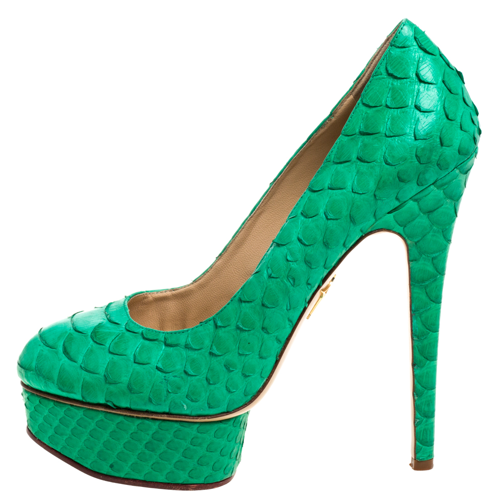 Charlotte Olympia Green Python Leather Priscilla Pumps Size 38