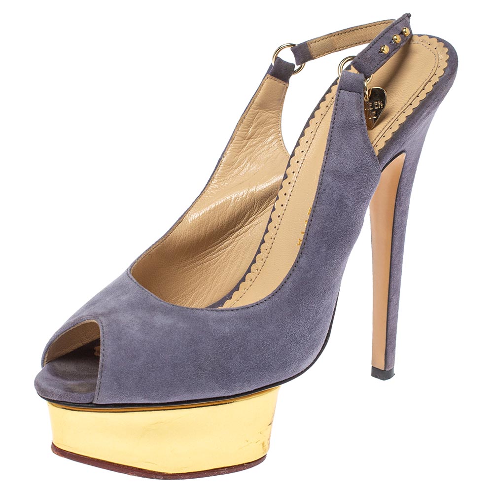 Image of Charlotte Olympia Lilac Suede Slingback Peep Toe Platform Sandals Size