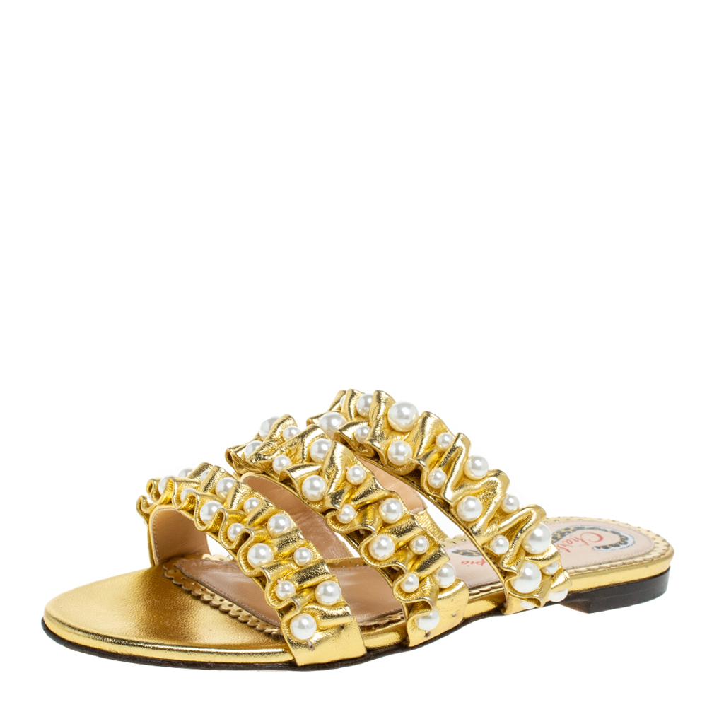 Image of Charlotte Olympia Gold Leather Celina Pearl Embellished Slide Sandals Size