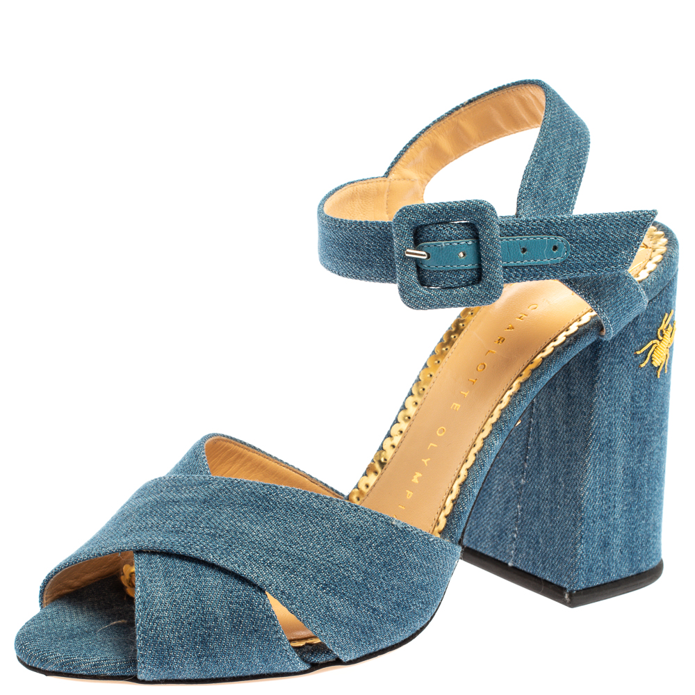 Image of Charlotte Olympia Blue Denim Fabric Emma Embroidered Ankle Strap Sandals Size