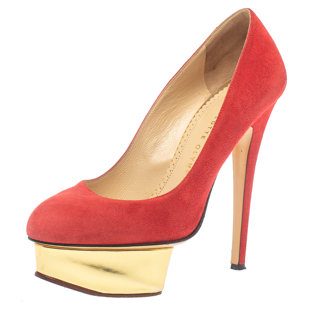 

Charlotte Olympia Red Suede Leather Dolly Platform Pumps Size