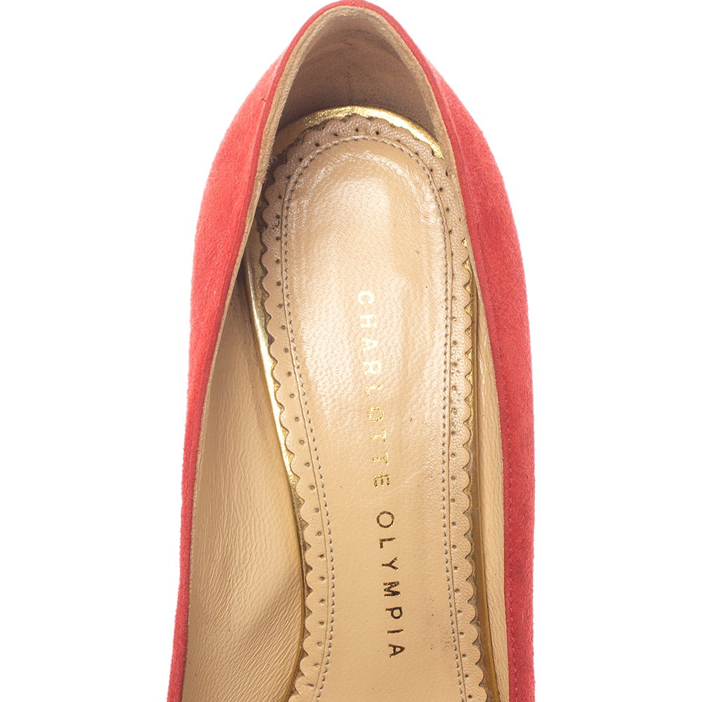 Charlotte Olympia Red Suede Leather Dolly Platform Pumps Size 37.5