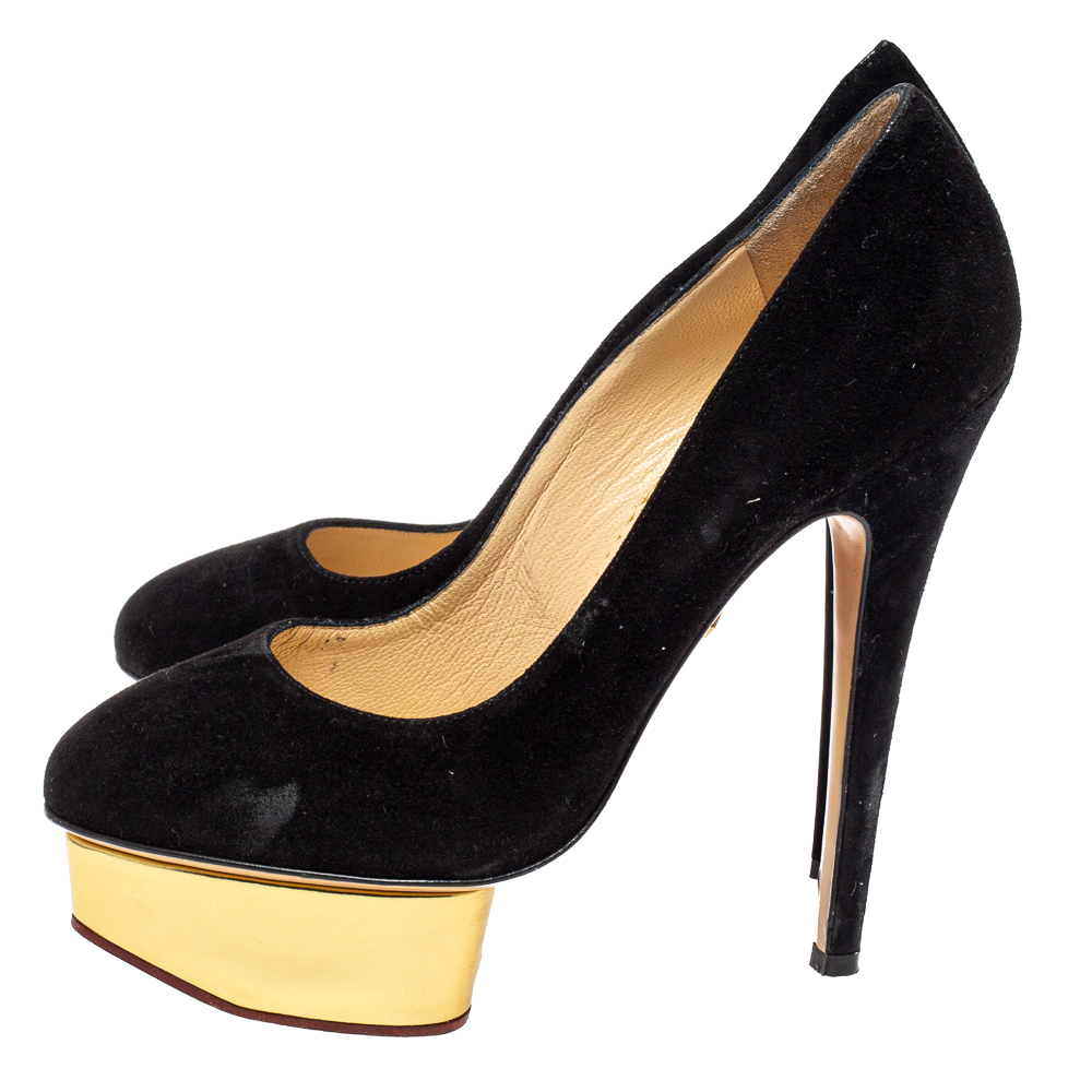 Charlotte Olympia Black Suede Dolly Platform Pumps Size 37