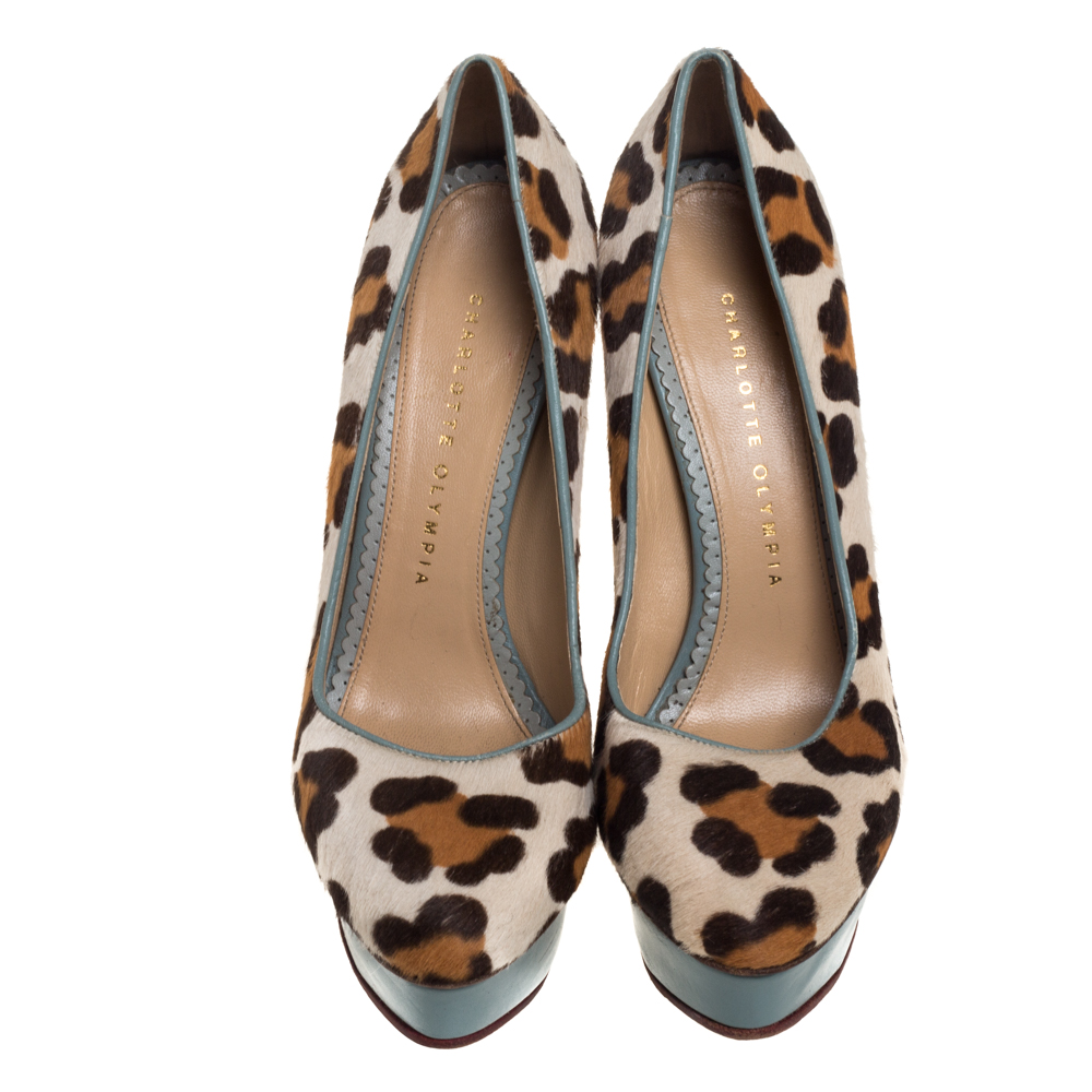 Charlotte Olympia Brown/Beige Leopard Print Pony Hair And Leather Pumps Size 38
