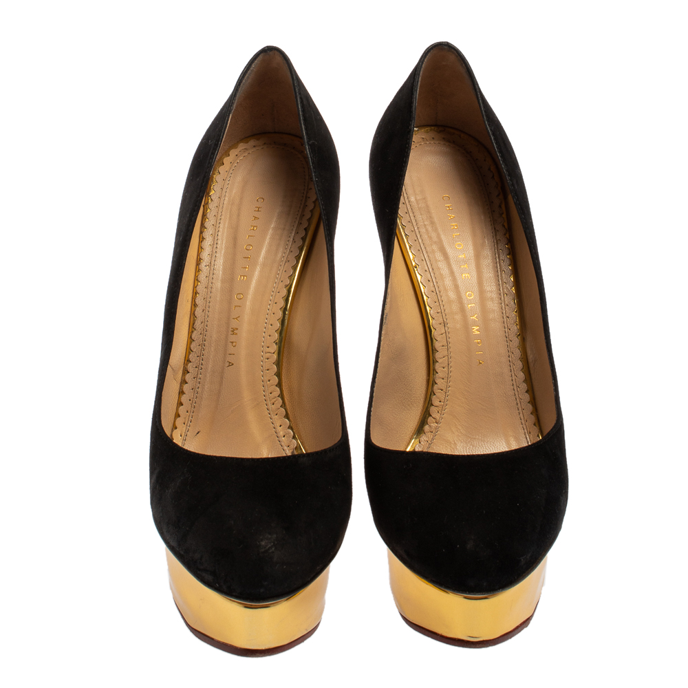 Charlotte Olympia Black Suede Dolly Platform Pumps Size 38.5