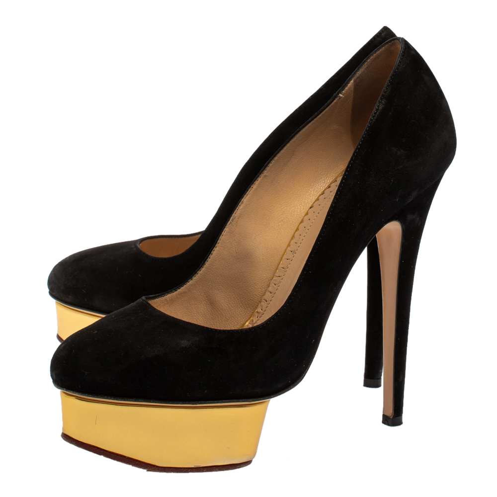 Charlotte Olympia Black Suede Dolly Platform Pumps Size 38.5