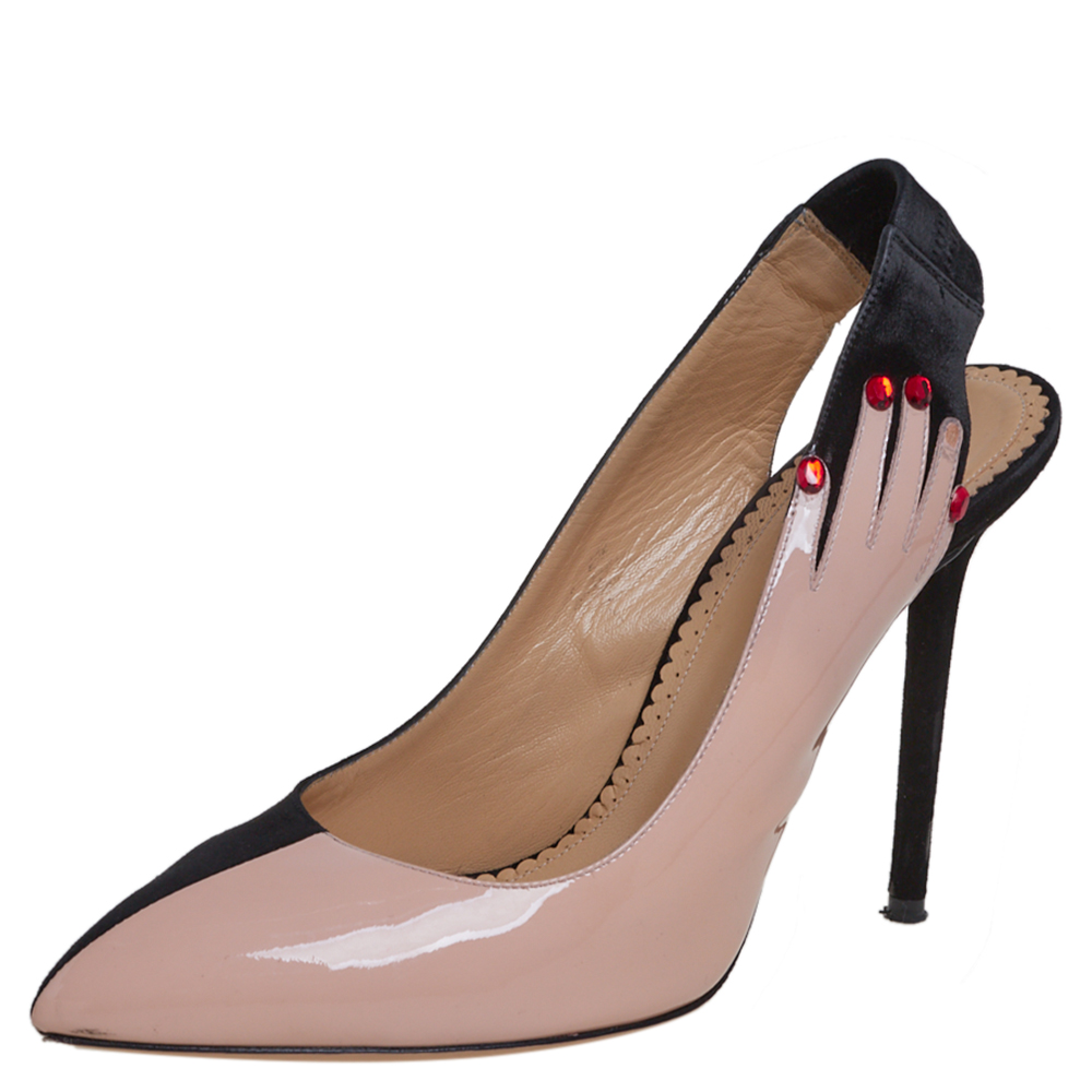 Charlotte Olympia Beige/Black Patent Leather And Suede Slingback Pumps Size 40