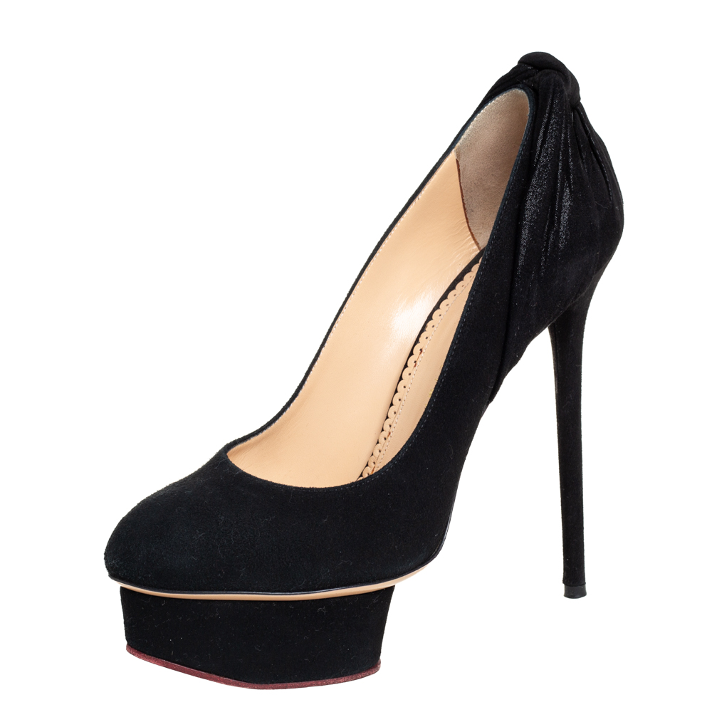 Charlotte Olympia Black Suede And Fabric Eccentric Josephine Knot Detail Platform Pumps Size 37