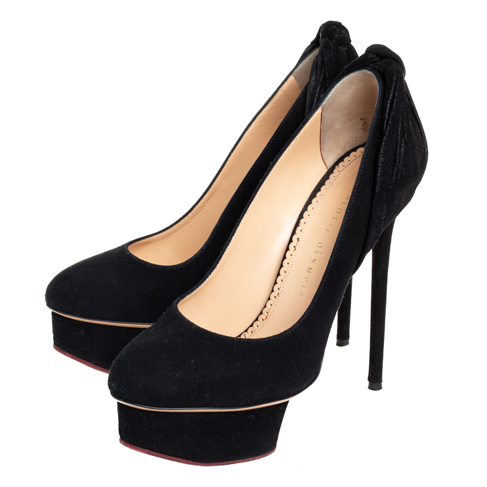 Charlotte Olympia Black Suede And Fabric Eccentric Josephine Knot Detail Platform Pumps Size 37