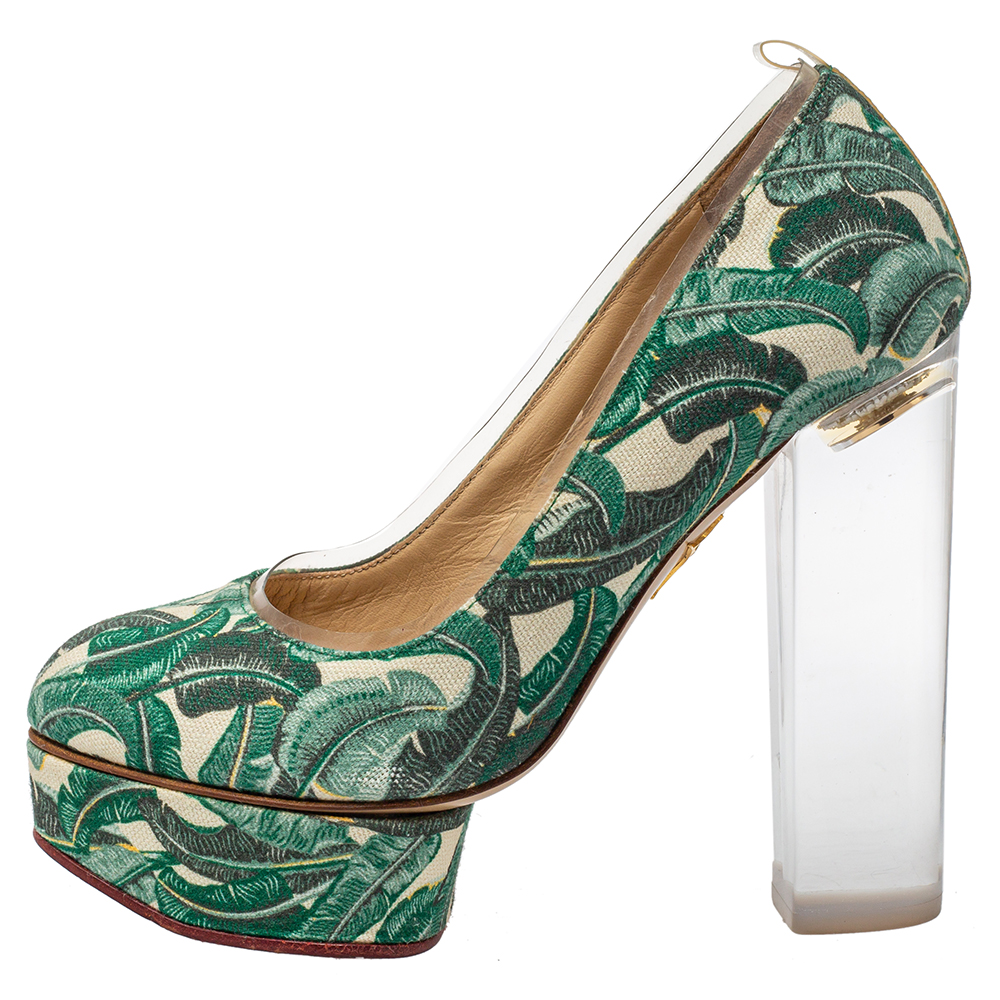 Charlotte Olympia Green Leaves Printed Canvas And PVC Mabel Platform Pumps Size 35