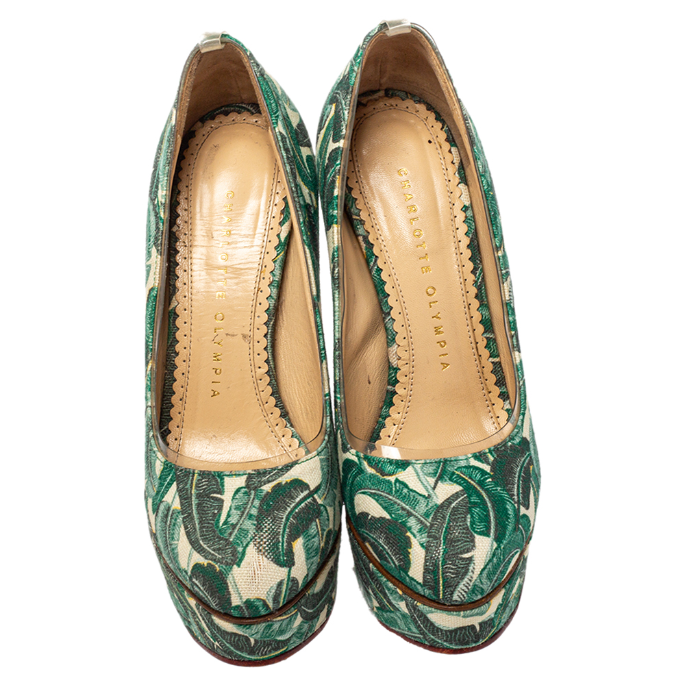 Charlotte Olympia Green Leaves Printed Canvas And PVC Mabel Platform Pumps Size 35