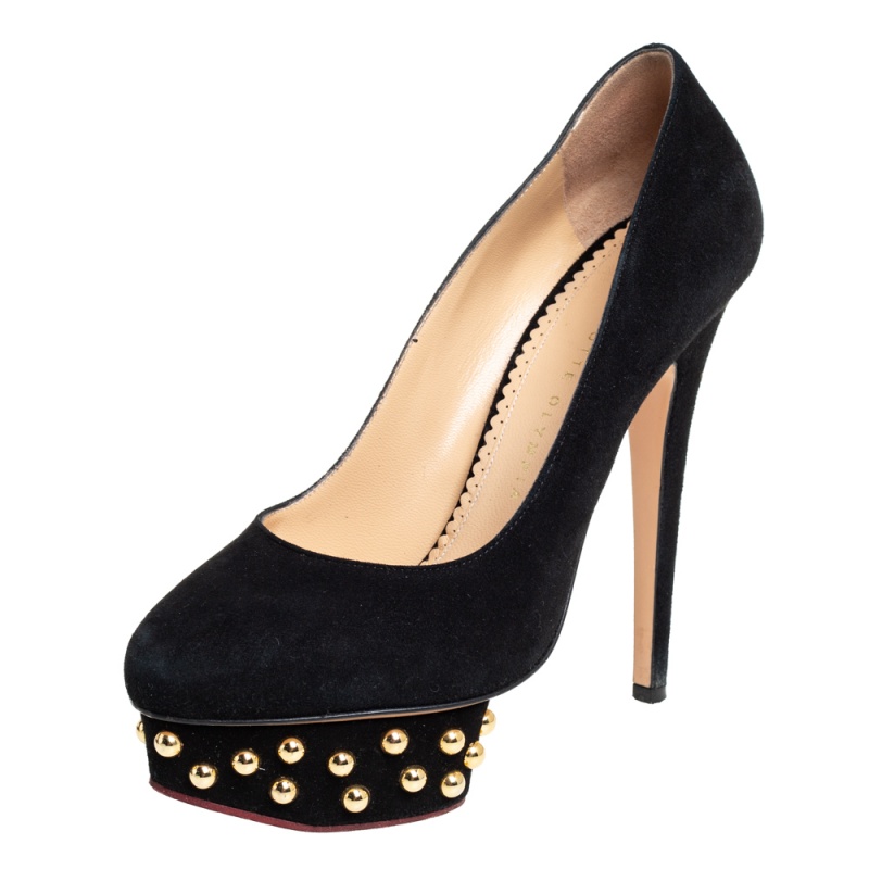 Charlotte Olympia Black Suede Dolly Studded Platform Pumps Size 37.5