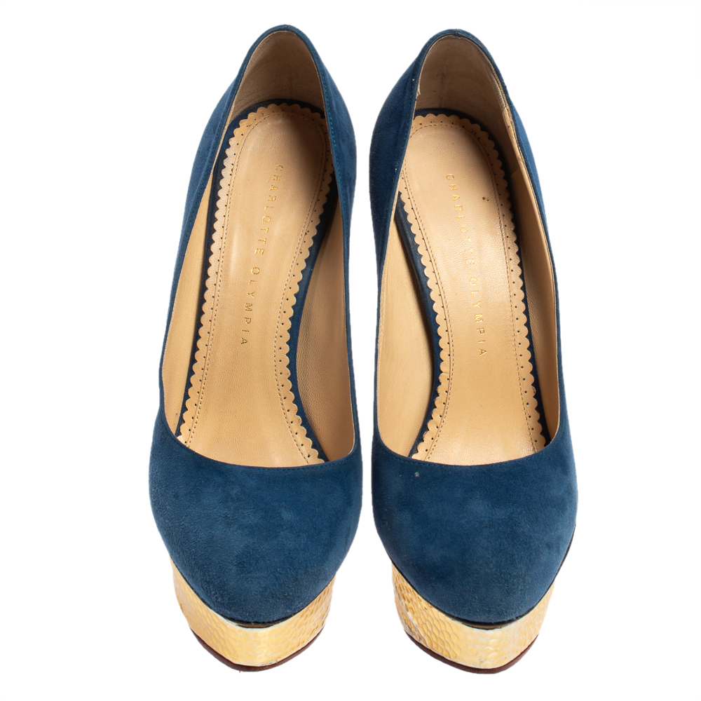 Charlotte Olympia Blue Suede Dolly Platform Pumps Size 38.5