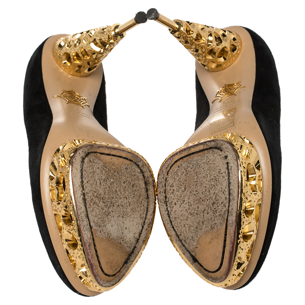 Charlotte Olympia Suede Gold Sculptured Heel Objets D'Art Pumps Size 39
