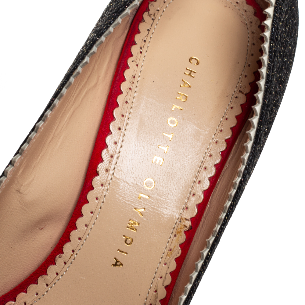 Charlotte Olympia Black Glitter And Patent Leather Scalloped Trim Peep Toe Platform Pumps Size 37.5