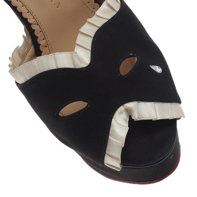 Charlotte Olympia Black Satin Masquerade Ankle Strap Platform Sandals Size 38