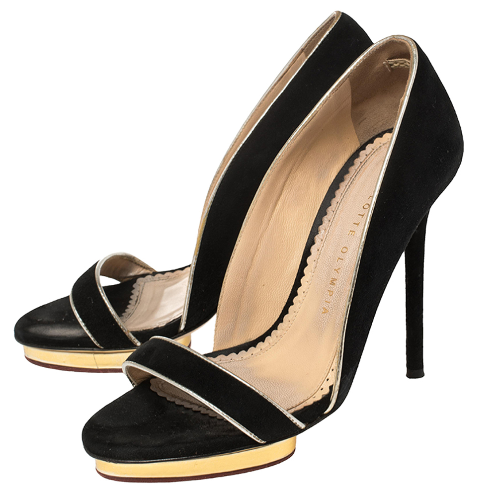 Charlotte Olympia Black Suede Christine Open Toe Sandals Size 36.5