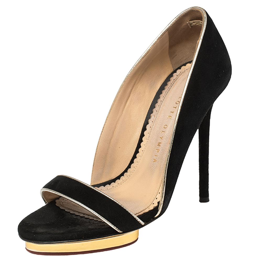 Charlotte Olympia Black Suede Christine Open Toe Sandals Size 36.5