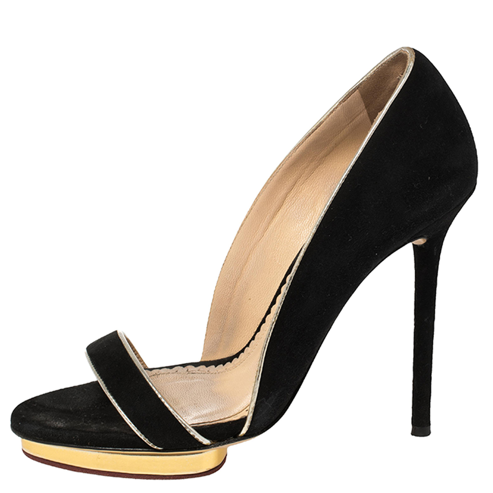 Charlotte Olympia Black Suede Christine Open Toe Sandals Size 36.5