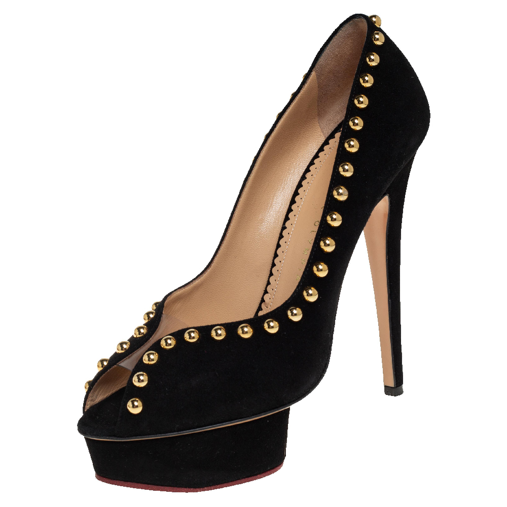 Charlotte olympia black suede daphne studded peep toe platform pumps size 39.5