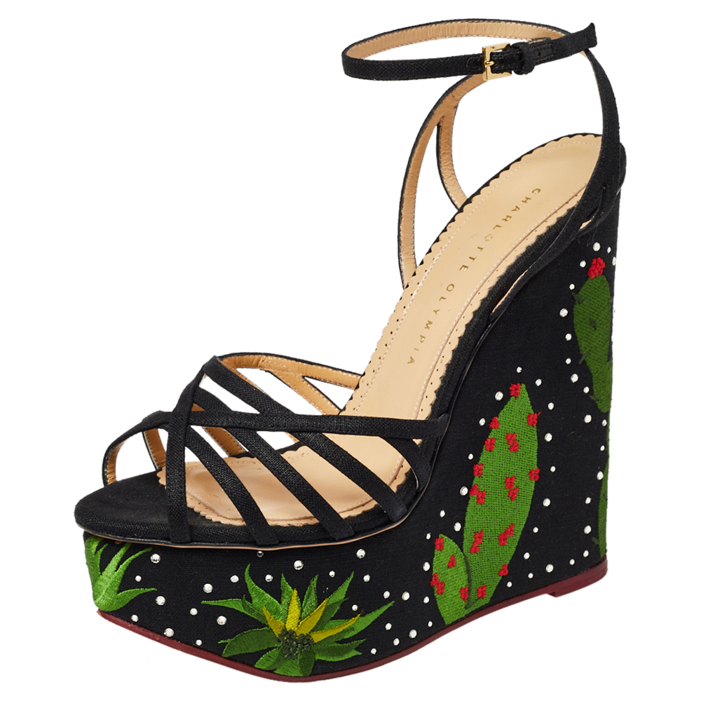 Charlotte Olympia Black Fabric Strappy Wedge Sandals Size 39