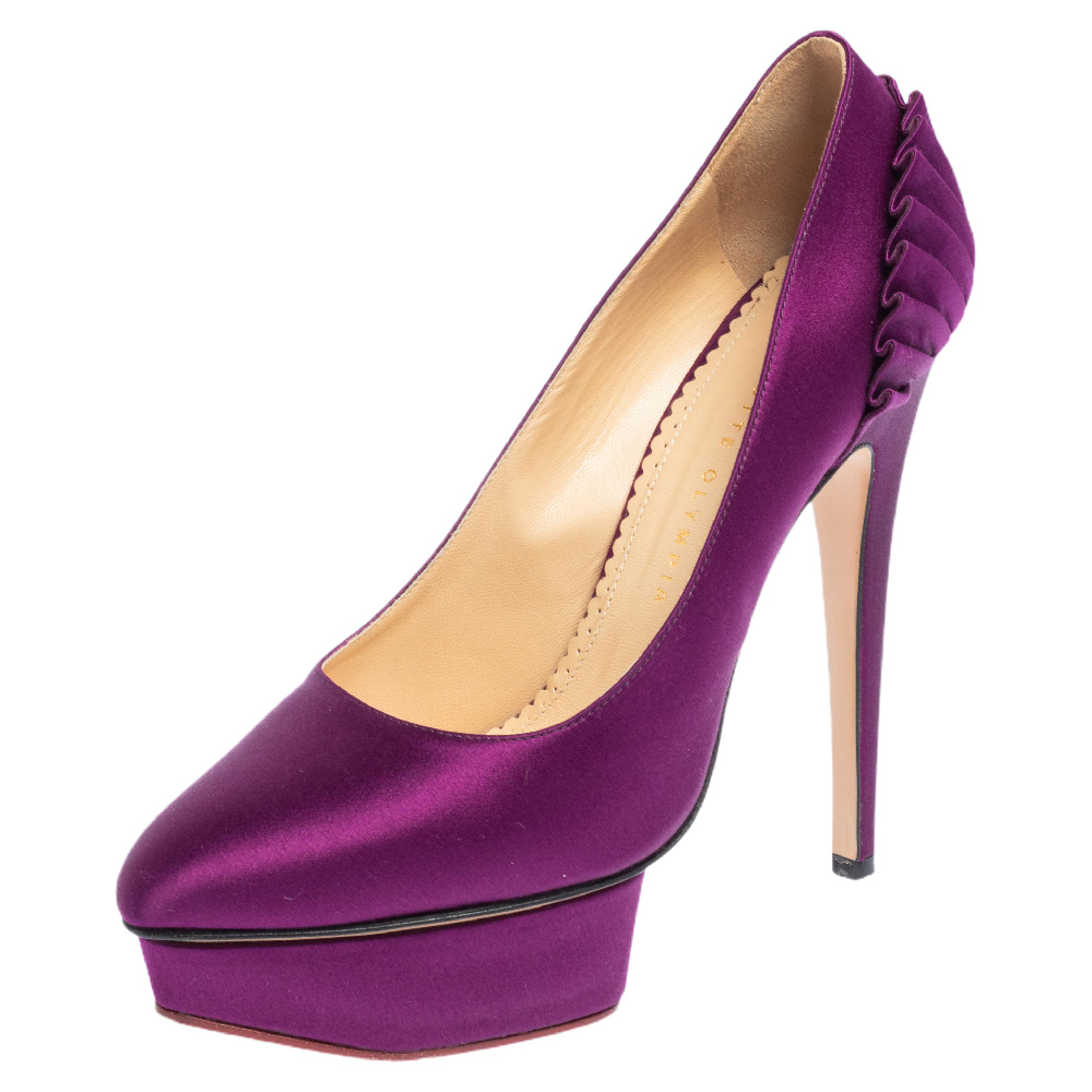 Charlotte Olympia Purple Satin Paloma Fan Pleat Platform Pumps Size 38.5