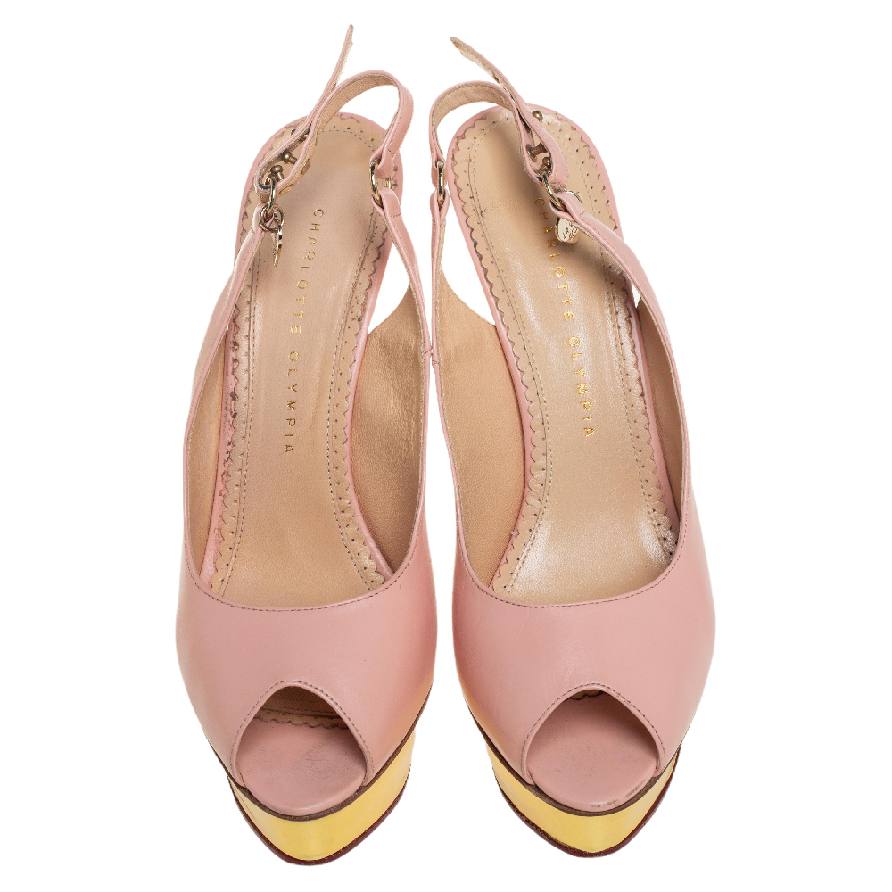 Charlotte Olympia Pale Pink Leather Bon Bon Platform Slingback Sandals Size 39