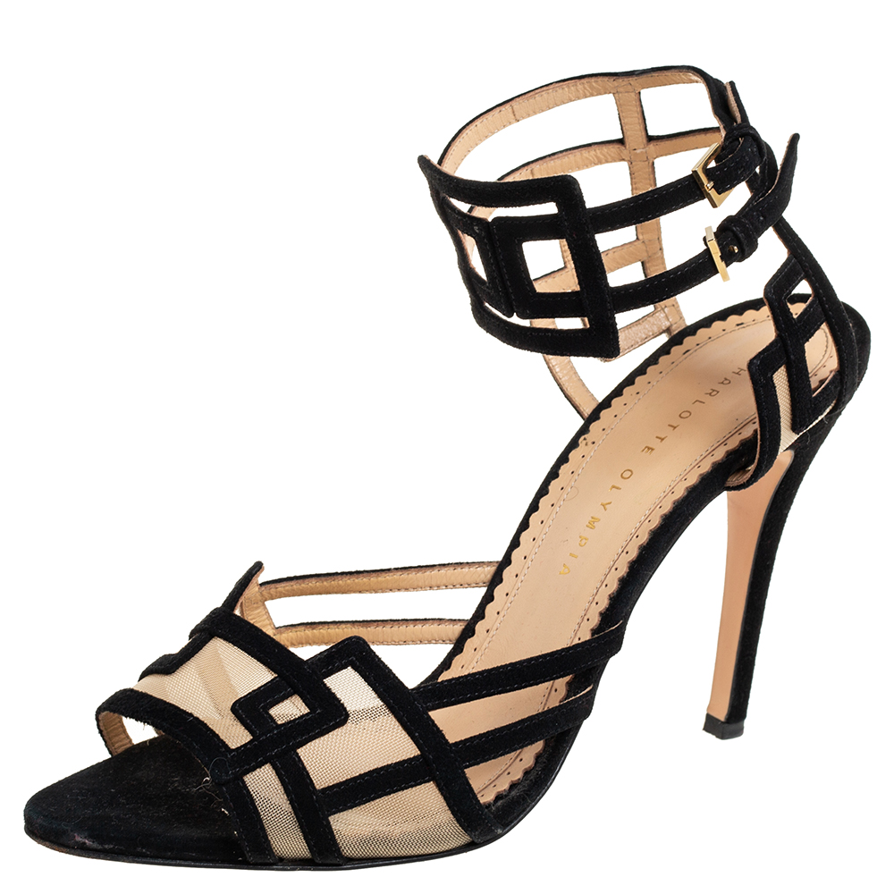 Charlotte Olympia Black Suede and Mesh Between The Lines Ankle Strap Sandals Size 41