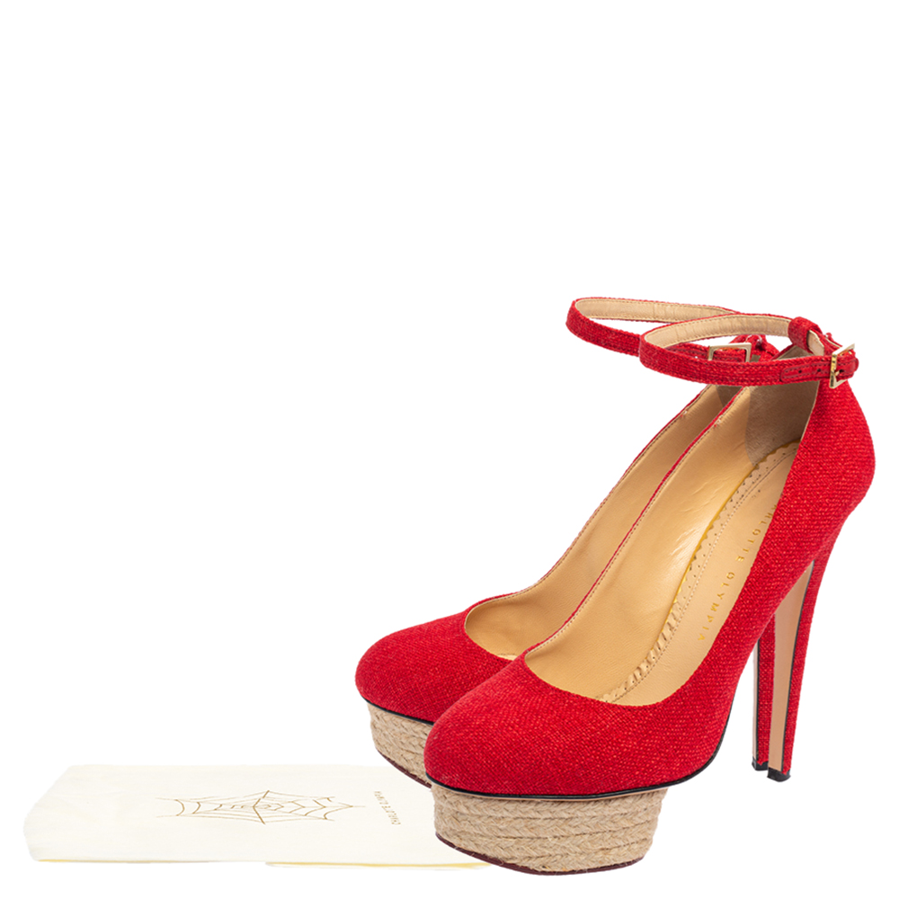 Charlotte Olympia Red Canvas Dolores Ankle Strap Platform Pumps Size 38