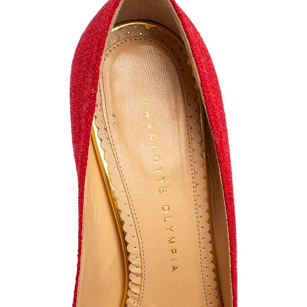 Charlotte Olympia Red Canvas Dolores Ankle Strap Platform Pumps Size 38