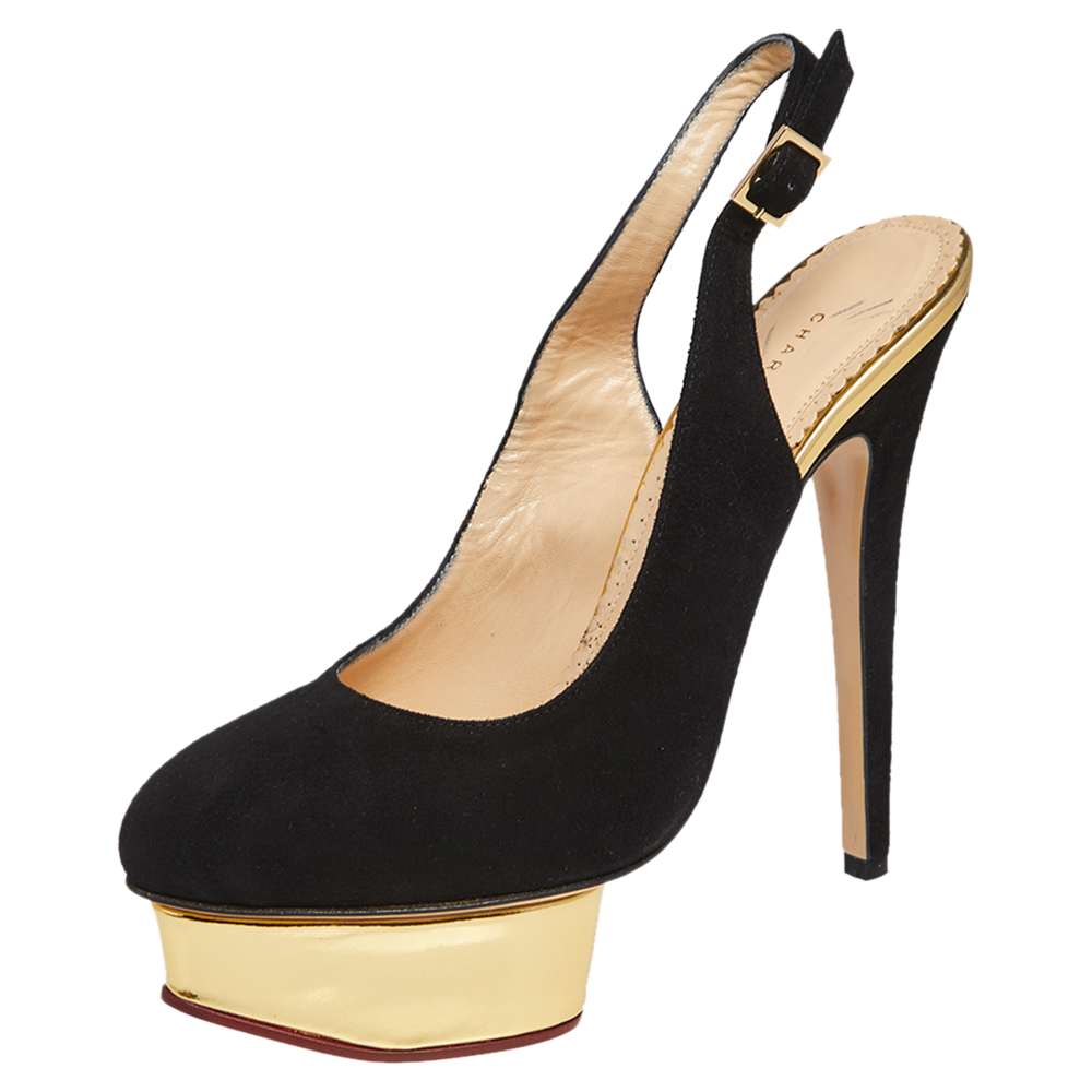 Charlotte Olympia Black Suede Dolly Platform Slingback Sandals Size 37.5