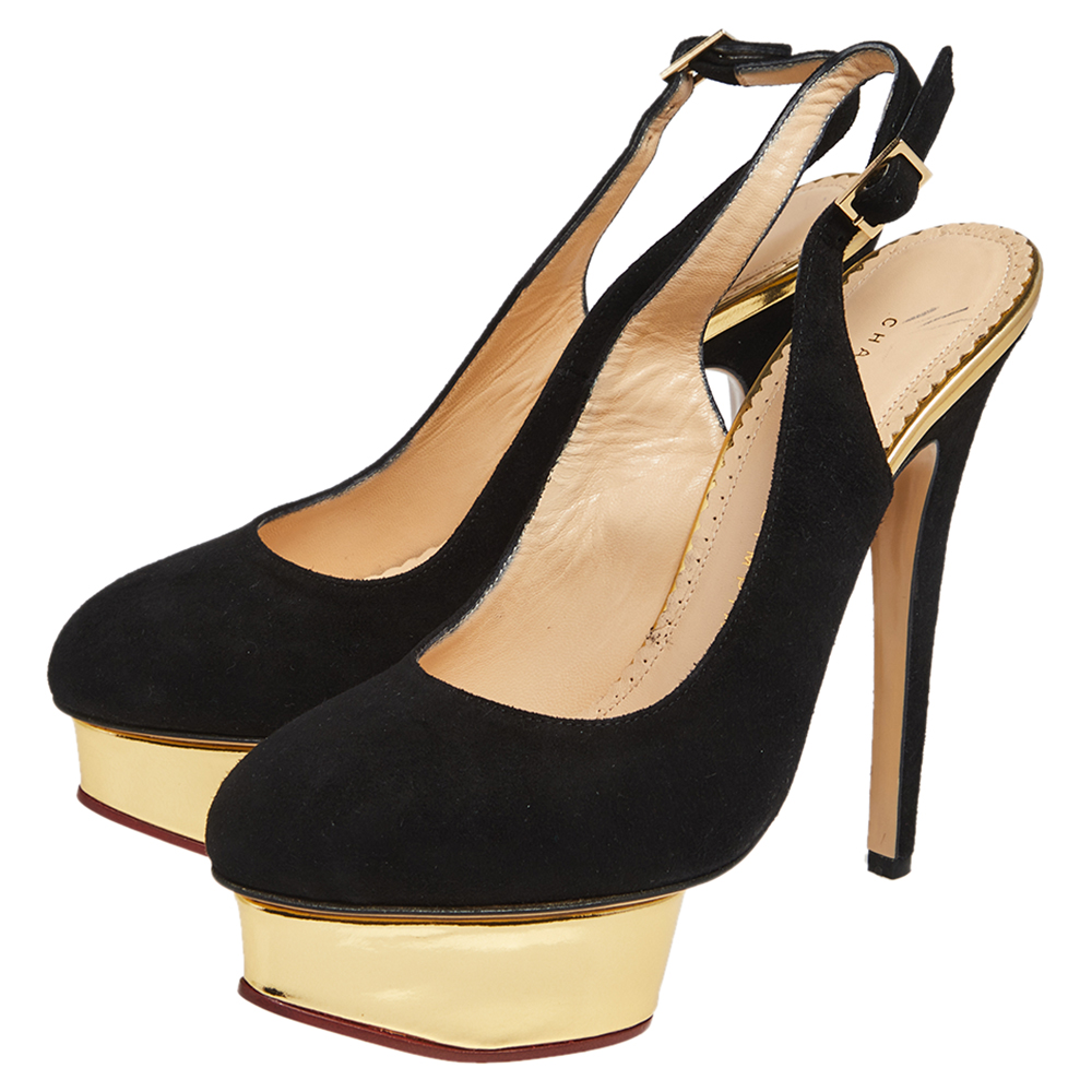 Charlotte Olympia Black Suede Dolly Platform Slingback Sandals Size 37.5