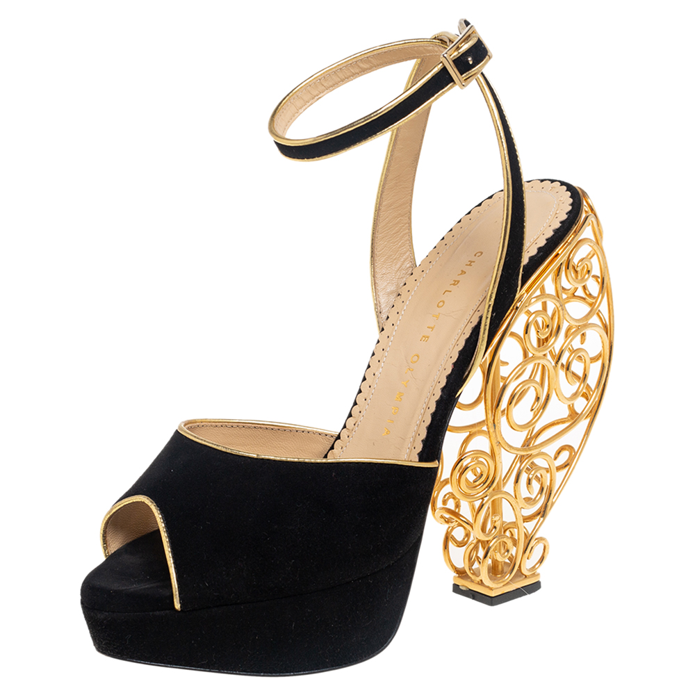 Charlotte Olympia Black/Gold Suede Avalon Peep Toe Platform Wire Heel Ankle Strap Sandals Size 39