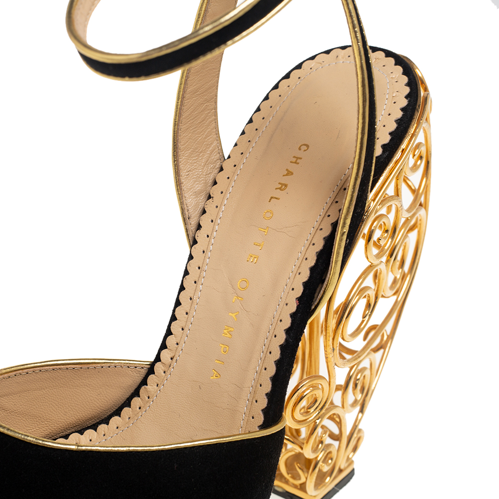 Charlotte Olympia Black/Gold Suede Avalon Peep Toe Platform Wire Heel Ankle Strap Sandals Size 39