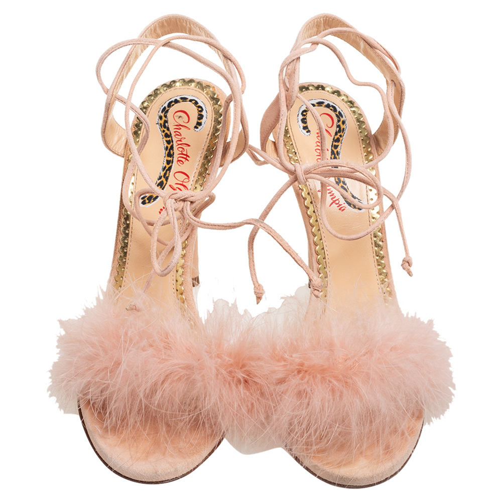 Charlotte Olympia Beige Suede And Feather Embellished Salsa Sandals Size 39