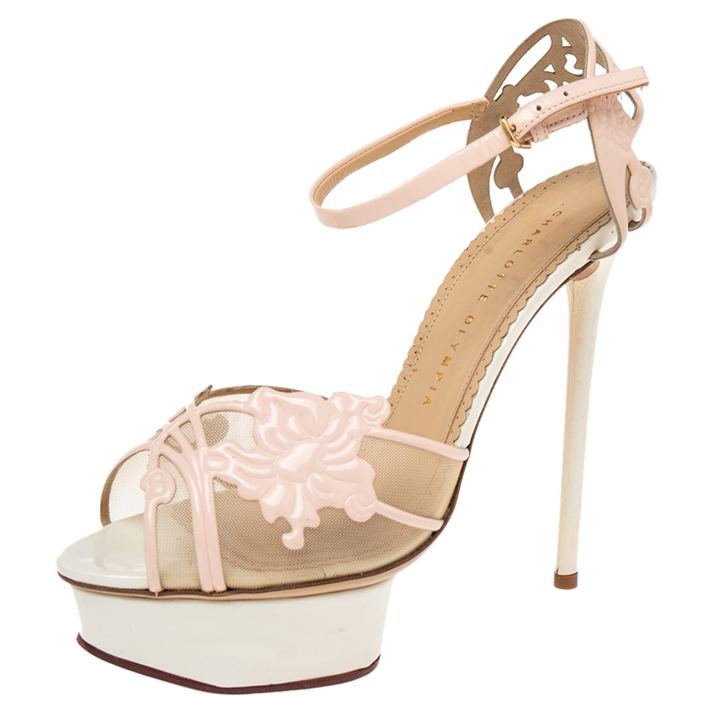 Charlotte Olympia Pink/White Patent Leather and Mesh Peep Toe Platform Sandals Size 38