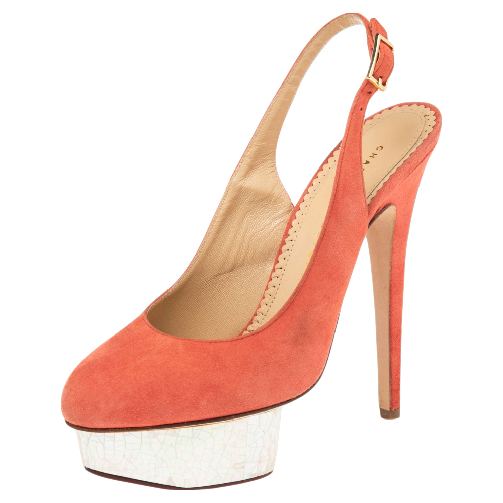 Charlotte Olympia Coral Suede Dolly Slingback Platform Pumps Size 38