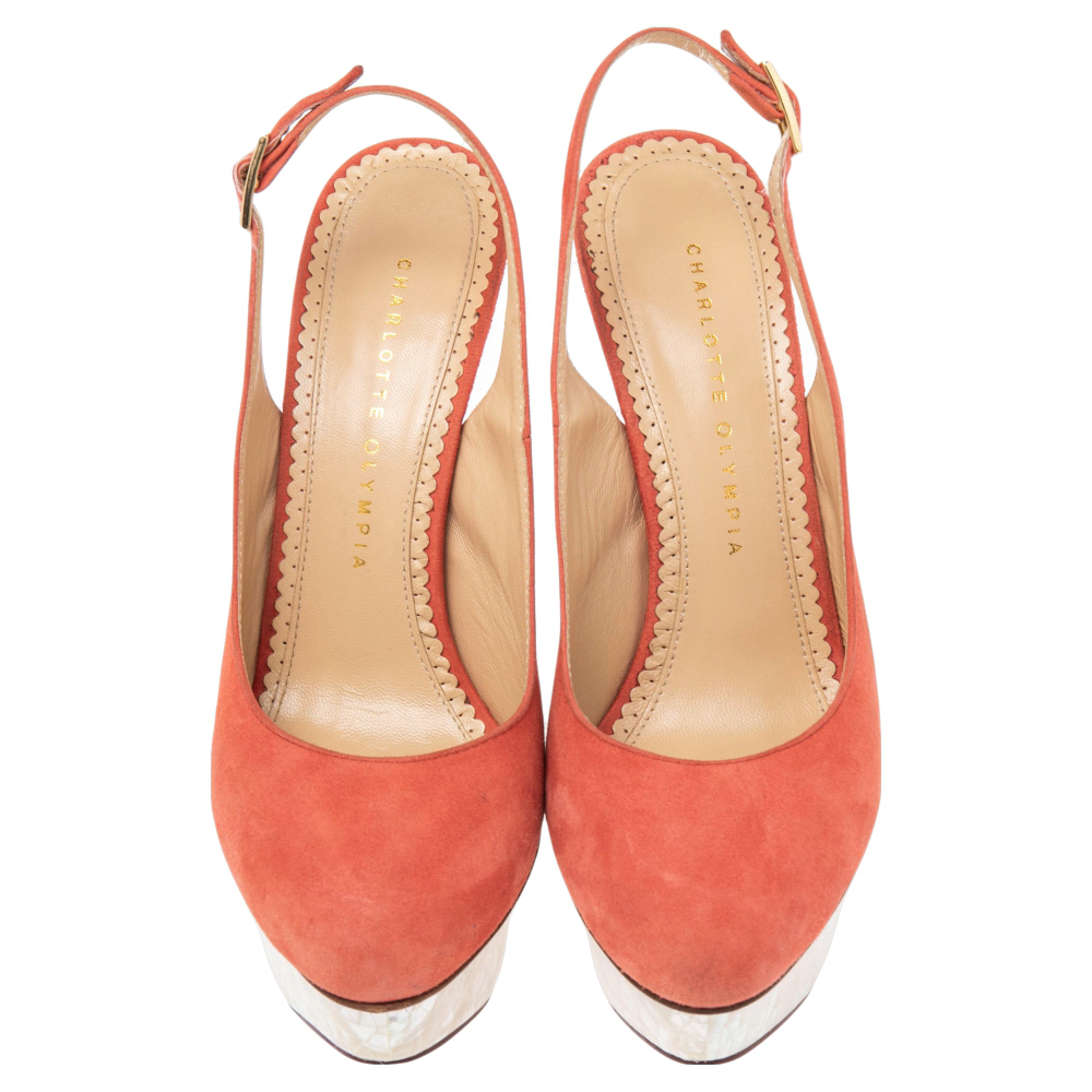 Charlotte Olympia Coral Suede Dolly Slingback Platform Pumps Size 38