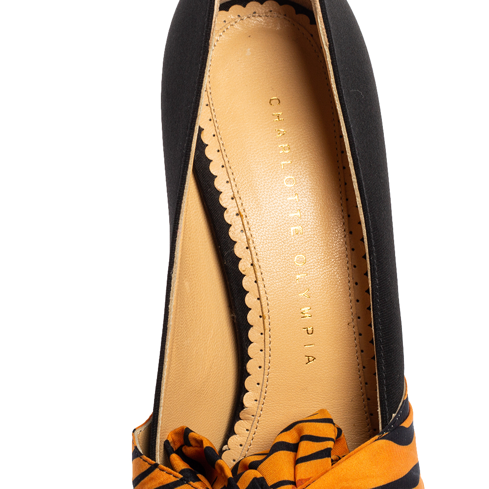 Charlotte Olympia Black/Orange Zebra Print Satin Dolly Bow Pumps Size 37.5