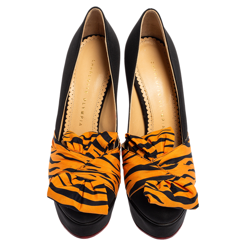 Charlotte Olympia Black/Orange Zebra Print Satin Dolly Bow Pumps Size 37.5
