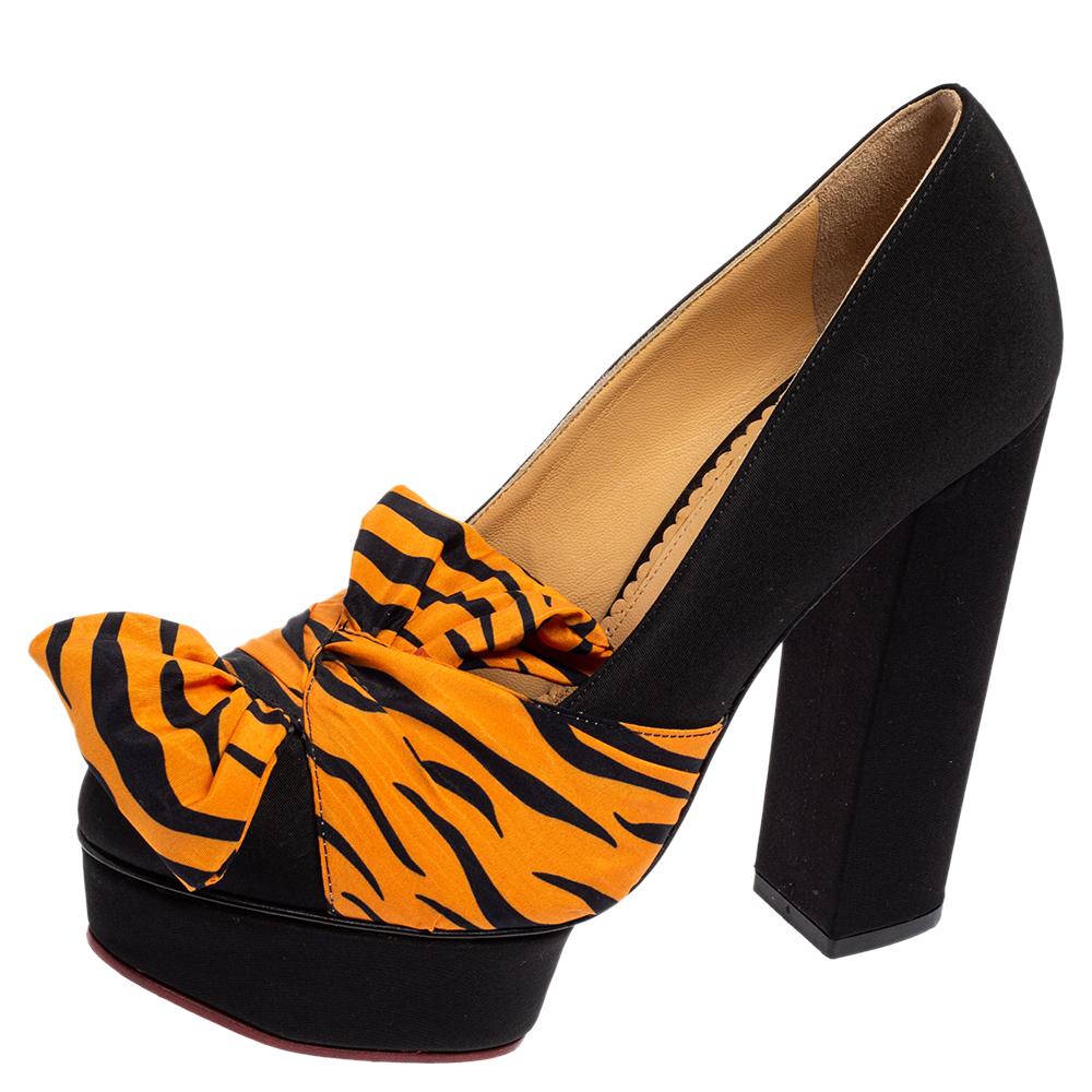 Charlotte olympia black/orange zebra print satin dolly bow pumps size 37.5